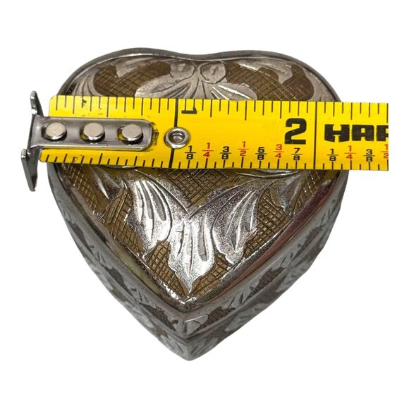 Heart-Shaped Silver & Brass Leaf Trinket Jewelry Ring Gift Box 2" Etched India - Picture 7 of 11